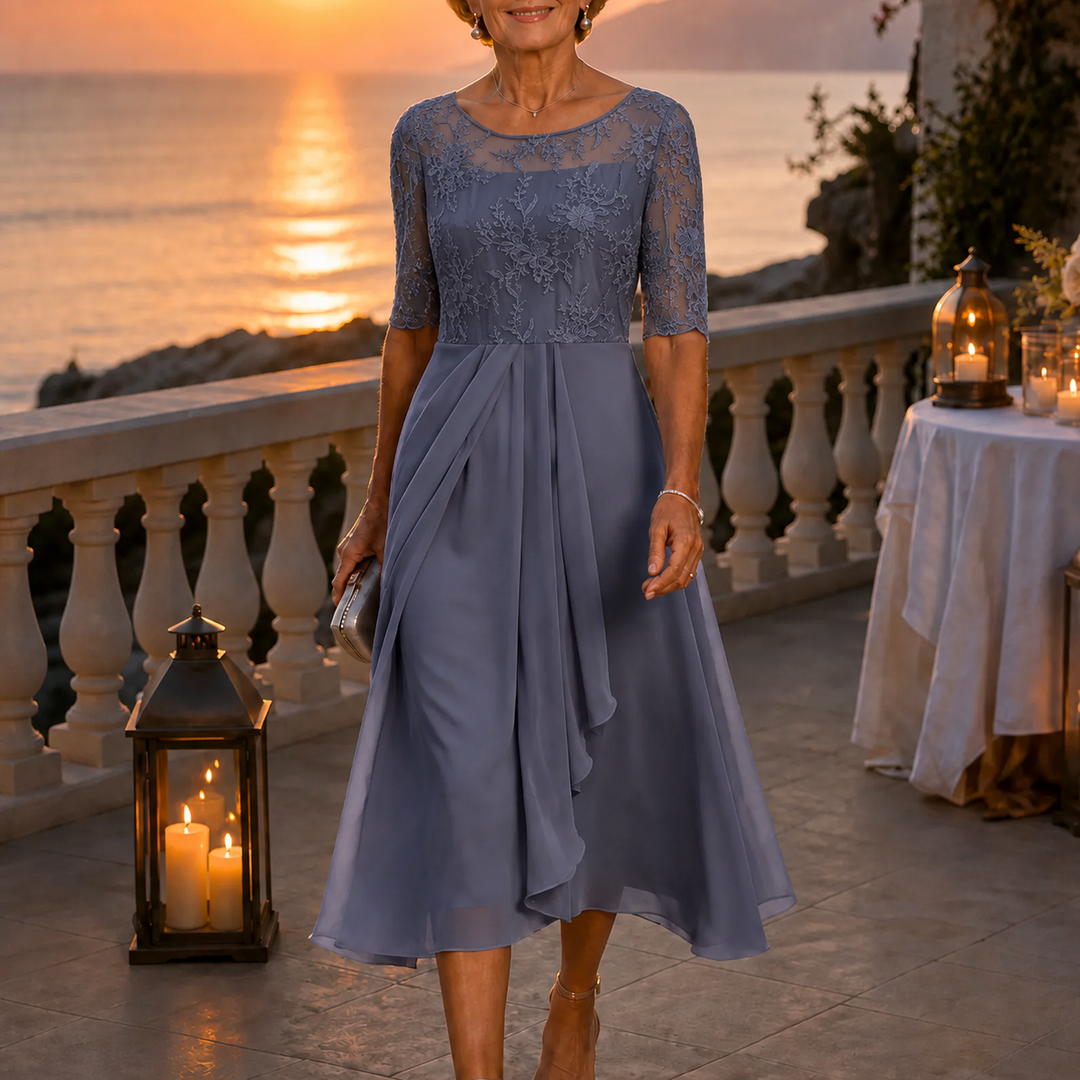 Elarose – Embroidered Lace Bodice Midi Dress for Weddings
