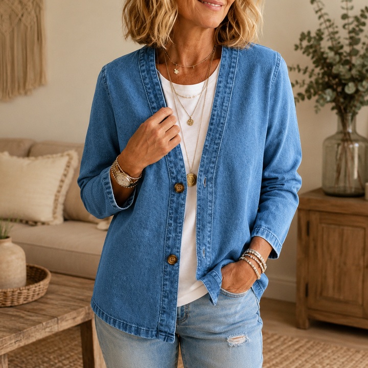 Drapella – Collarless Soft-Denim-Look Button-Down Cardigan