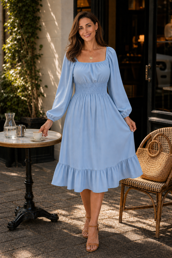Trucewear – Smocked Square Neck Ruffled Midi Dress