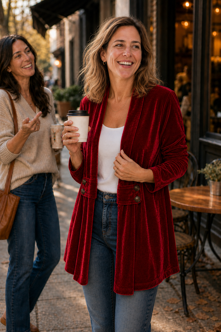 Velbourne – Double-Breasted Velvet-Look Cardigan
