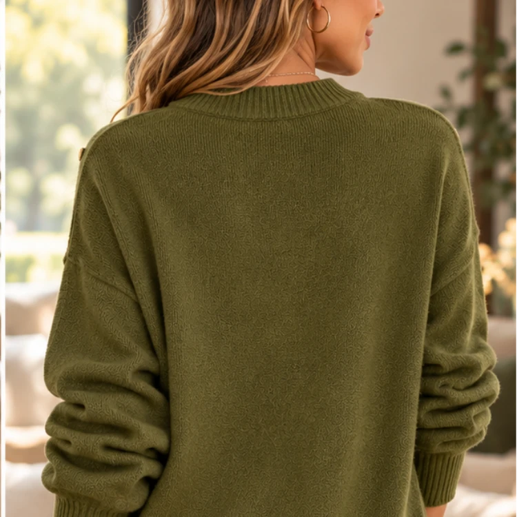 Buttonelle – Gold-Tone Button Shoulder Knit Sweater