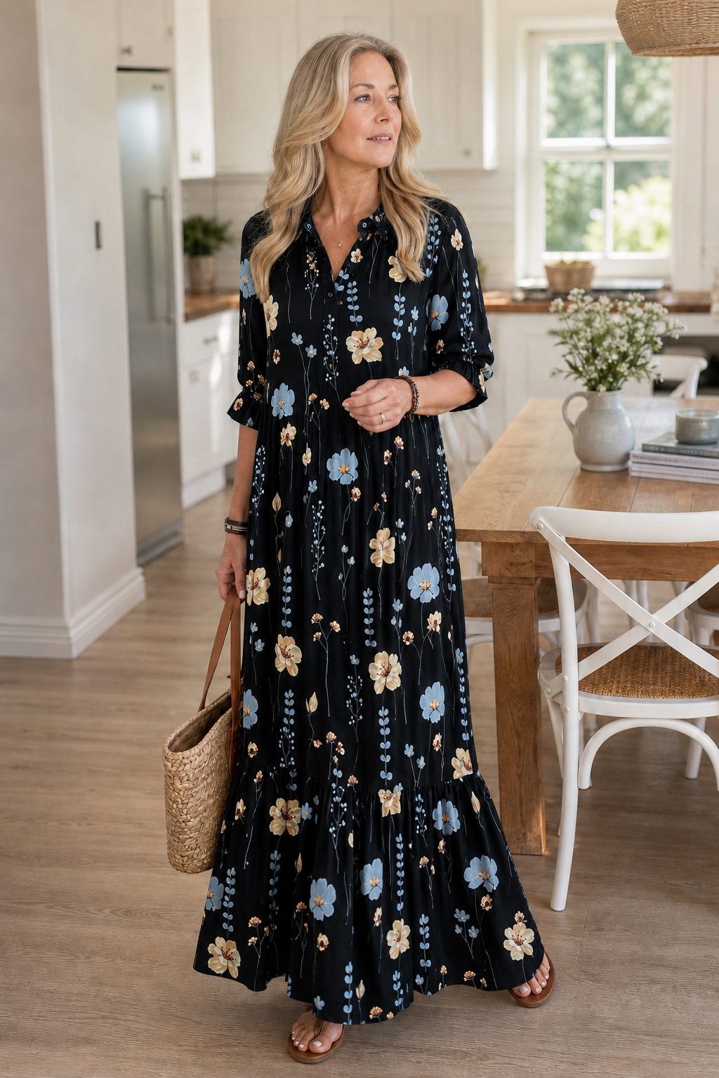 Wearbella – Lapel Collar Floral Maxi Shift Dress