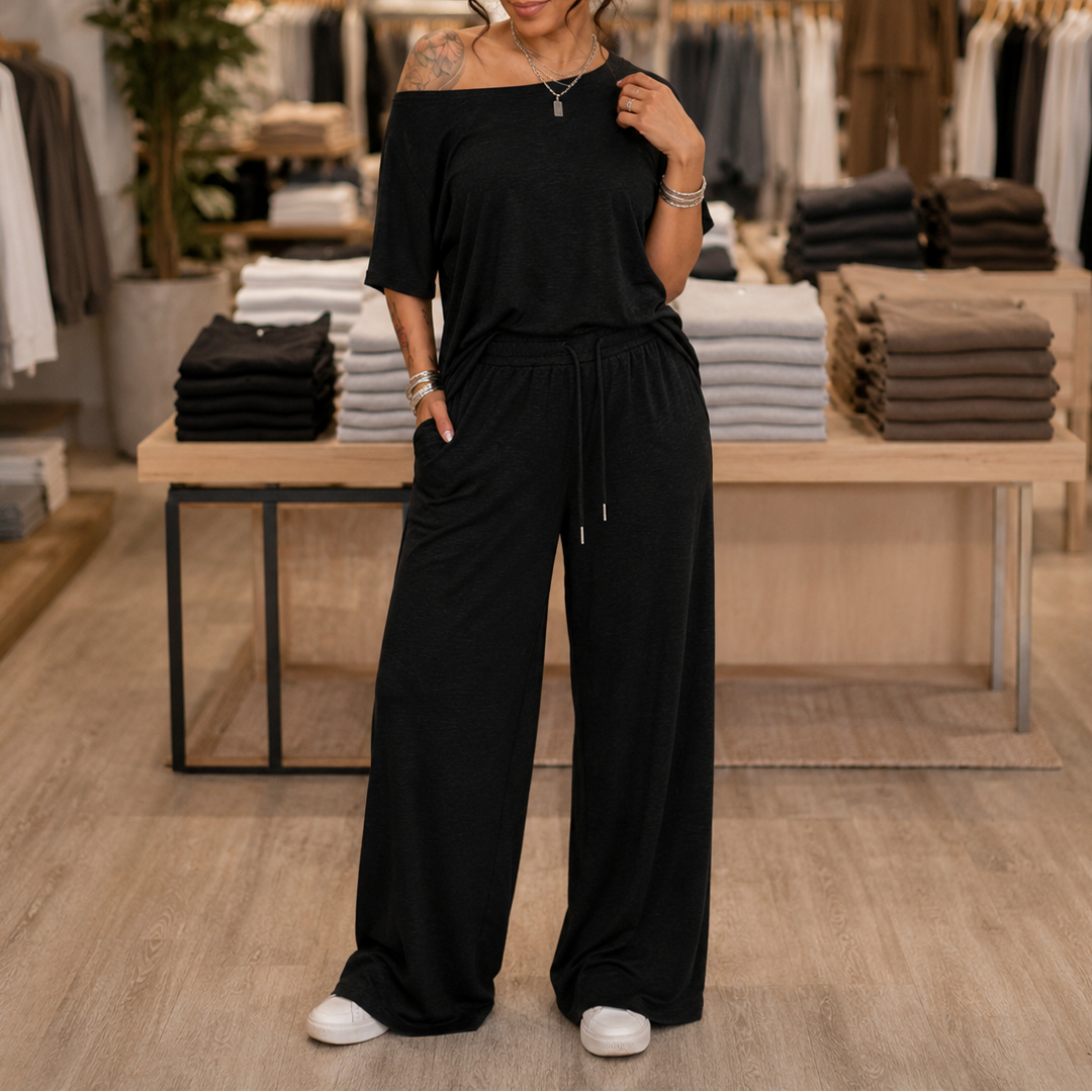 Draperline – Off-Shoulder Asymmetrical Top And Wide-Leg Pants Set