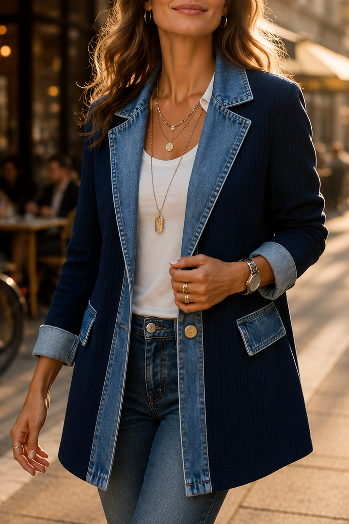 Wearbella – Denim-Look Spliced Ribbed Knit Coat