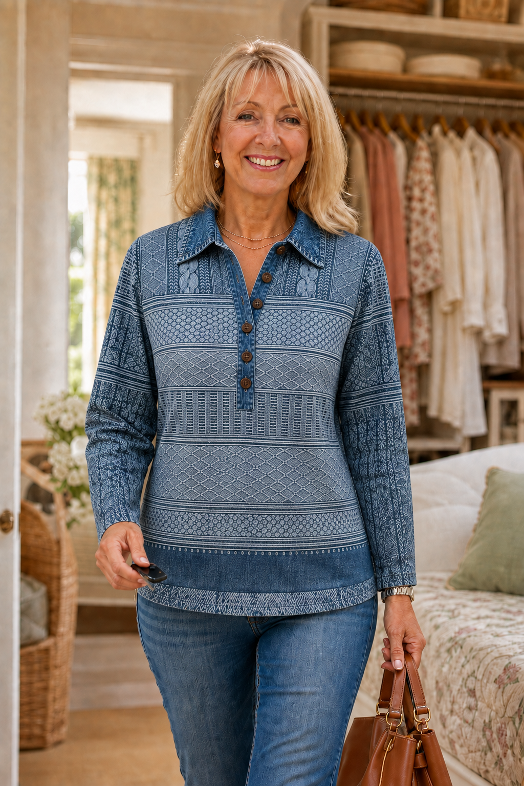 Layerlyn – Denim Patchwork Textured Knit Blouse
