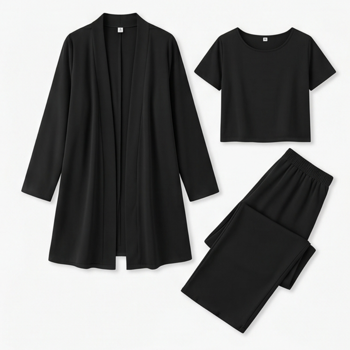 Maevelle – Women's Elegant 3-Piece Set with Drape Cardigan