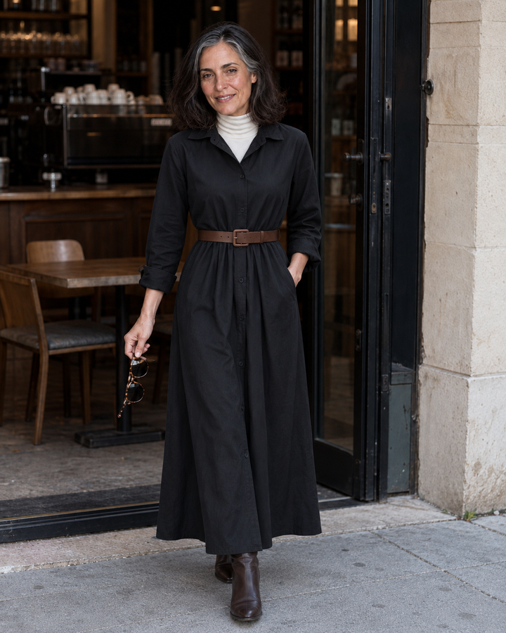 Belveil – Belted Collared Long-Sleeve Maxi Shirt Dress
