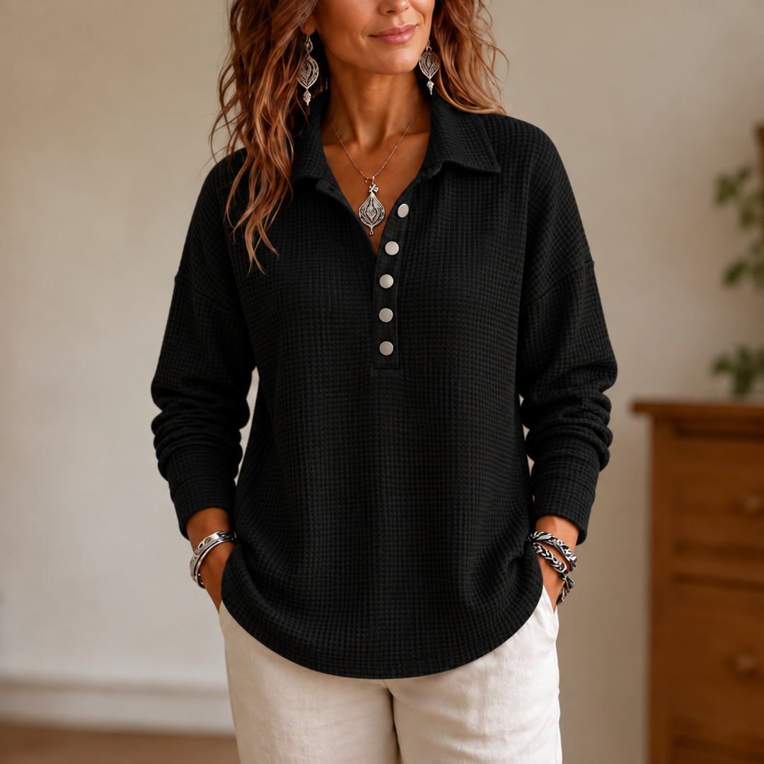 Wearbella – Waffle-Knit Collared Button-Neck Pullover
