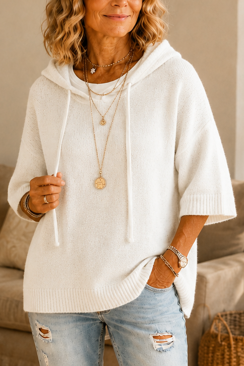 Loungel – Distressed Open-Knit Drawstring Hoodie