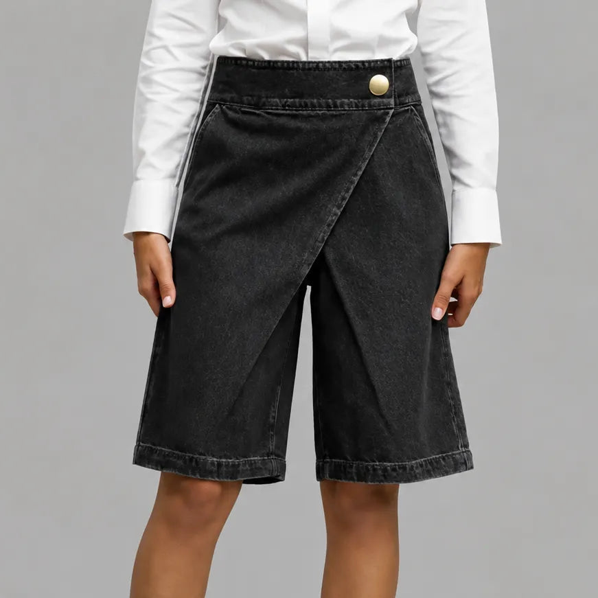Velara – Asymmetric Wrap-Front Knee-Length Denim Bermuda Shorts