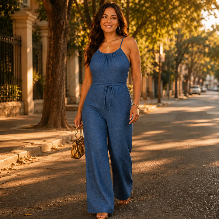 Soraya – Halter Wide-Leg Drawstring Jumpsuit, Summer Denim-Look