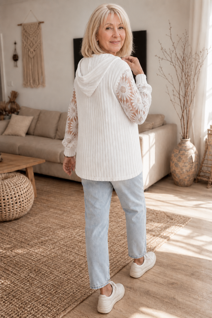Lunetta – Lace Sleeve Ribbed Knit Hoodie Cardigan