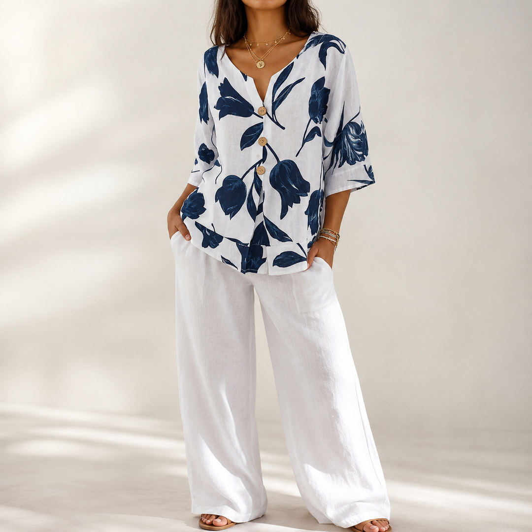 Florelle™ – Floral Linen V-Neck Popover Blouse with 3/4 Sleeves