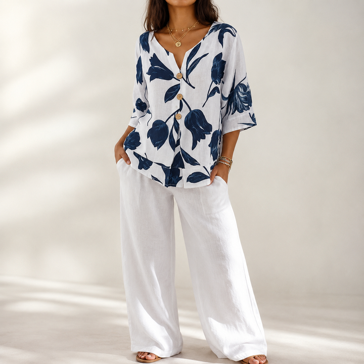 Florelle™ – Floral Linen V-Neck Popover Blouse with 3/4 Sleeves