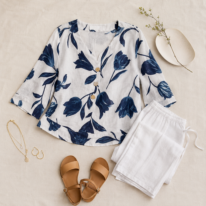 Florelle™ – Floral Linen V-Neck Popover Blouse with 3/4 Sleeves