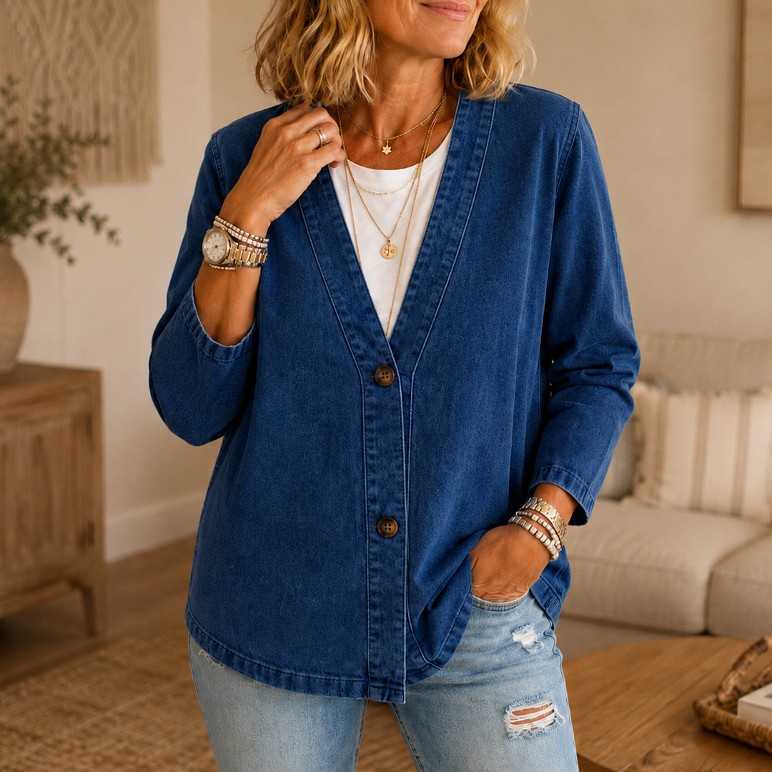 Drapella – Collarless Soft-Denim-Look Button-Down Cardigan