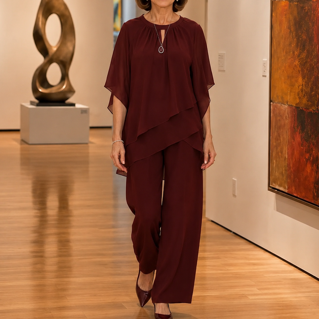 Draperie – Asymmetric Chiffon-Overlay Wide-Leg Trouser Set