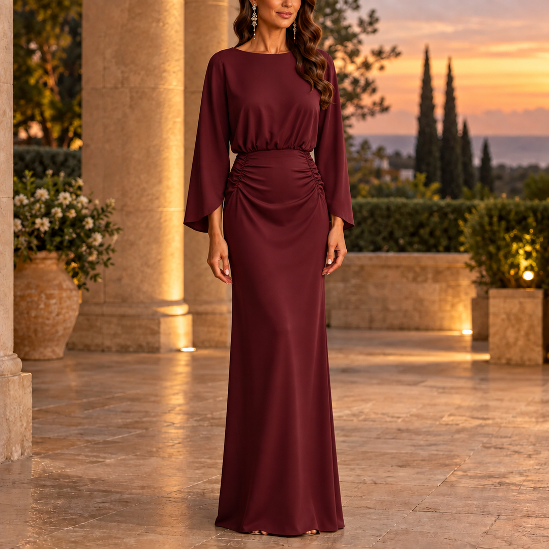 Elarabel – Batwing Sleeve Ruched Waist Maxi Gown