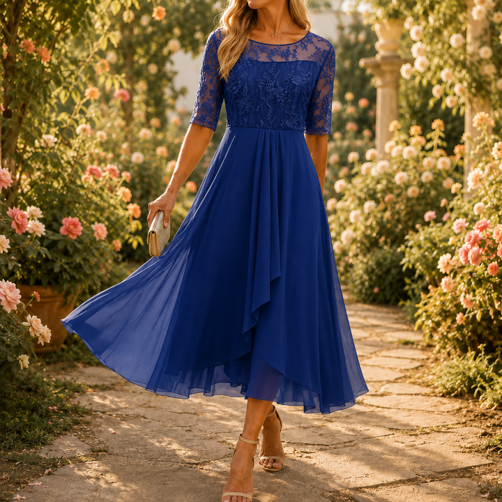 Elarose – Embroidered Lace Bodice Midi Dress for Weddings