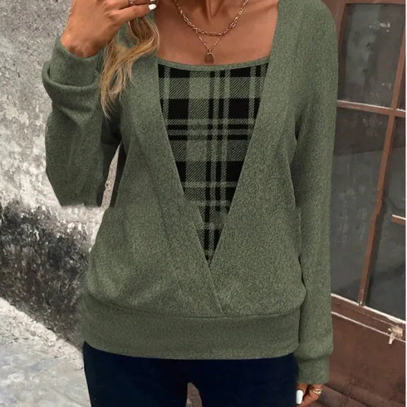 Layerlyn – Layer Plaid Panel Knit Top