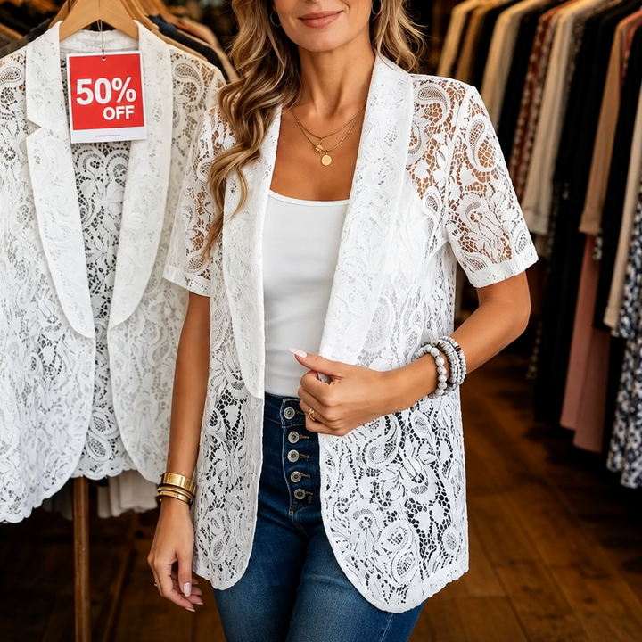 Veluna – Lace-look Open-Front Short Sleeve Vest