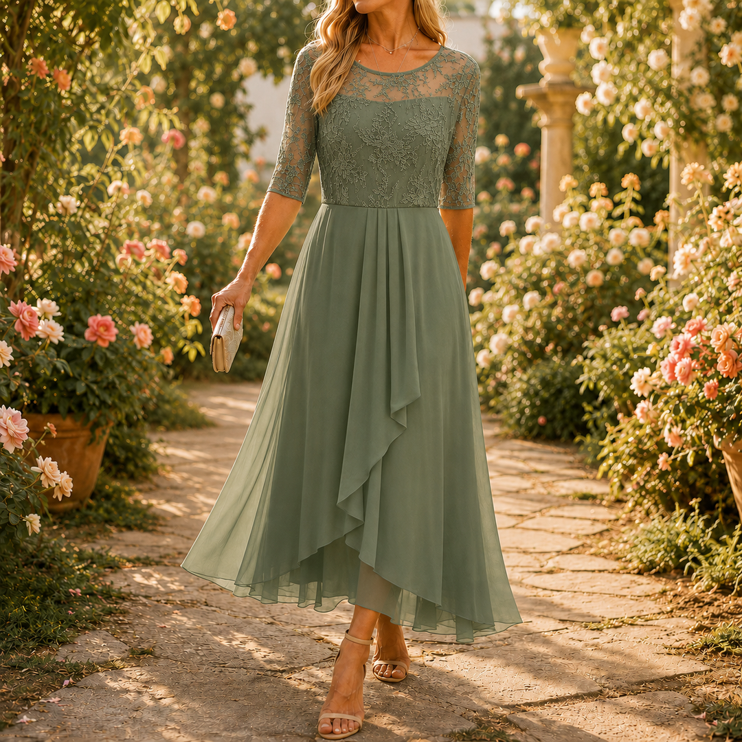 Elarose – Embroidered Lace Bodice Midi Dress for Weddings