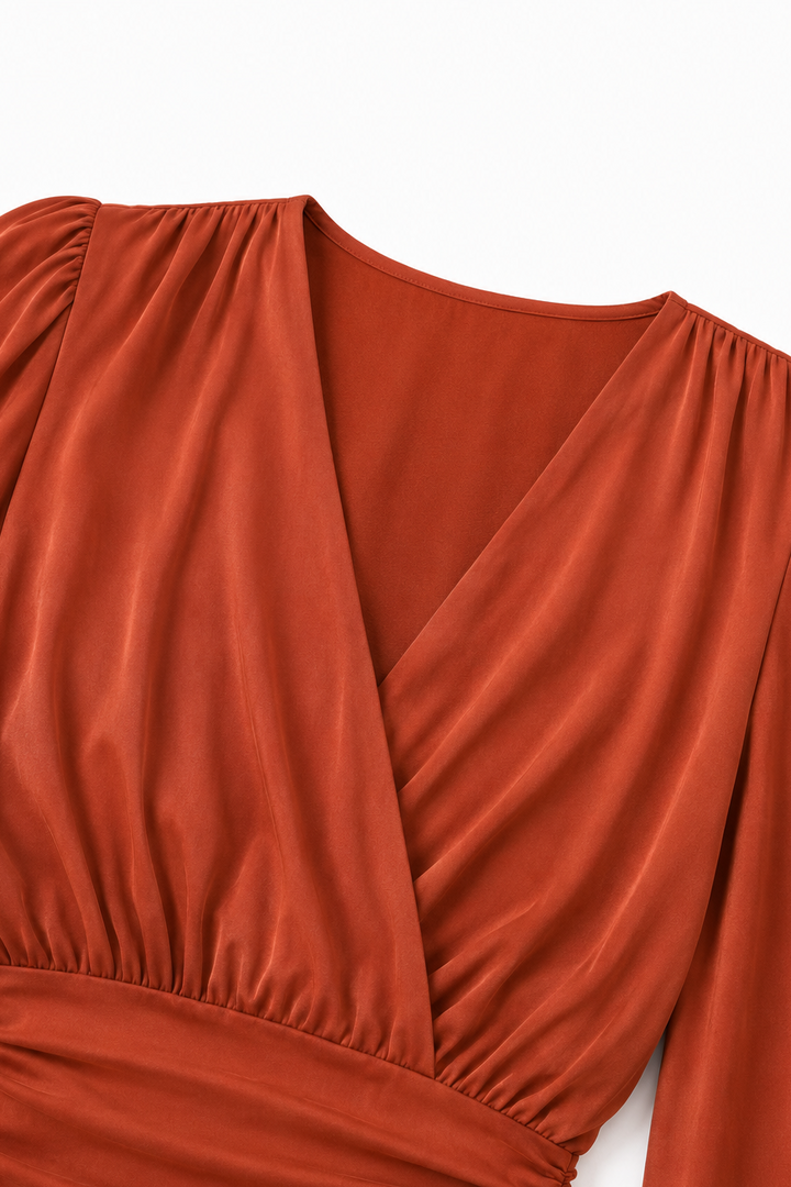 Cinchelle – Ruched Waist Puff Sleeve Chiffon Look Blouse