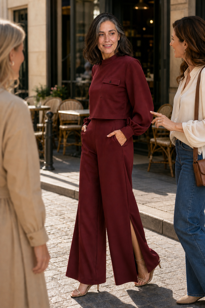 Wearbella – Bishop Sleeve Mock Neck Top And Wide-Leg Pants Set