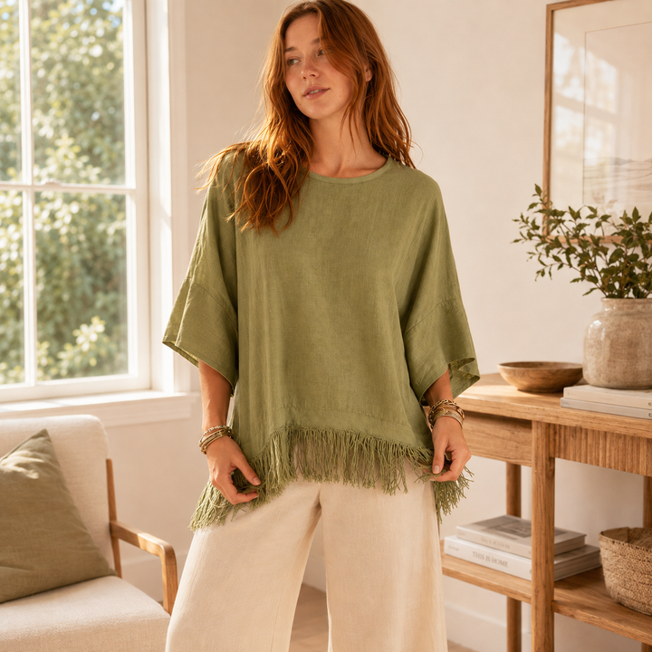 Wovelle – Fringed Hem Boxy Drop-Shoulder Blouse