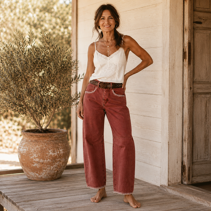 Virella™ – Whipstitch Barrel Leg Jeans for Women, Mid Rise Curved Pants