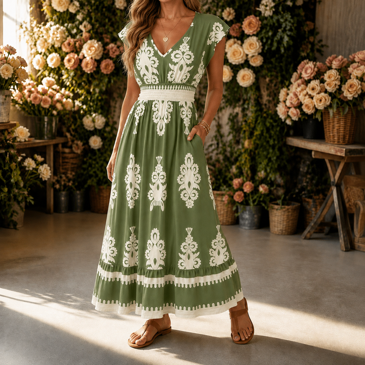 Osyrel – Women's Damask Print Midi Dress with V-Neck