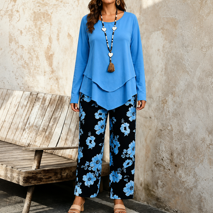 Wearbella – Double-Layer Flowy Top And Floral Wide-Leg Set