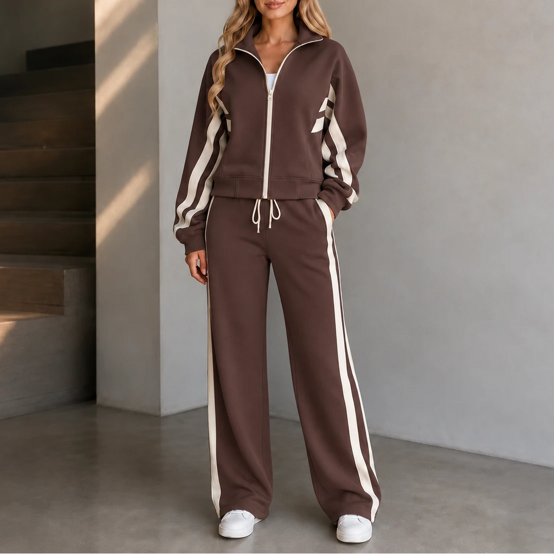 Stride & Set – Cream-Striped Sporty Two-Piece Set
