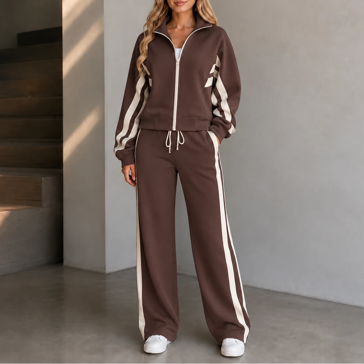 Stride & Set – Cream-Striped Sporty Two-Piece Set