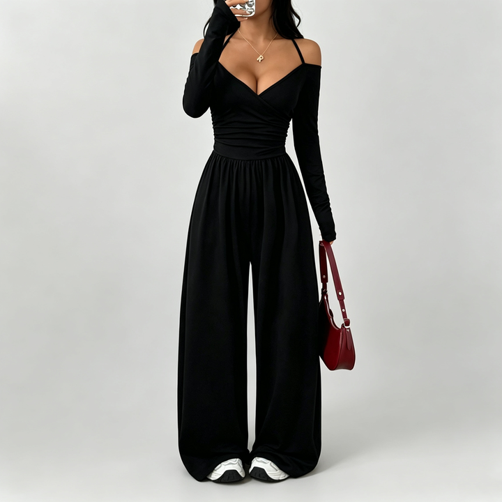 Elara – Off-Shoulder Wrap Wide-Leg Jumpsuit