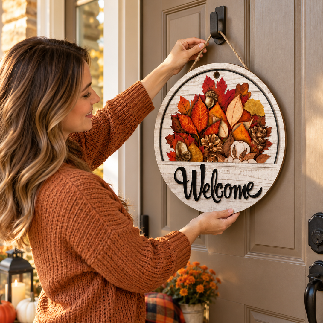 Seasonwell – Round Wooden Welcome Sign With Magnetic Icons