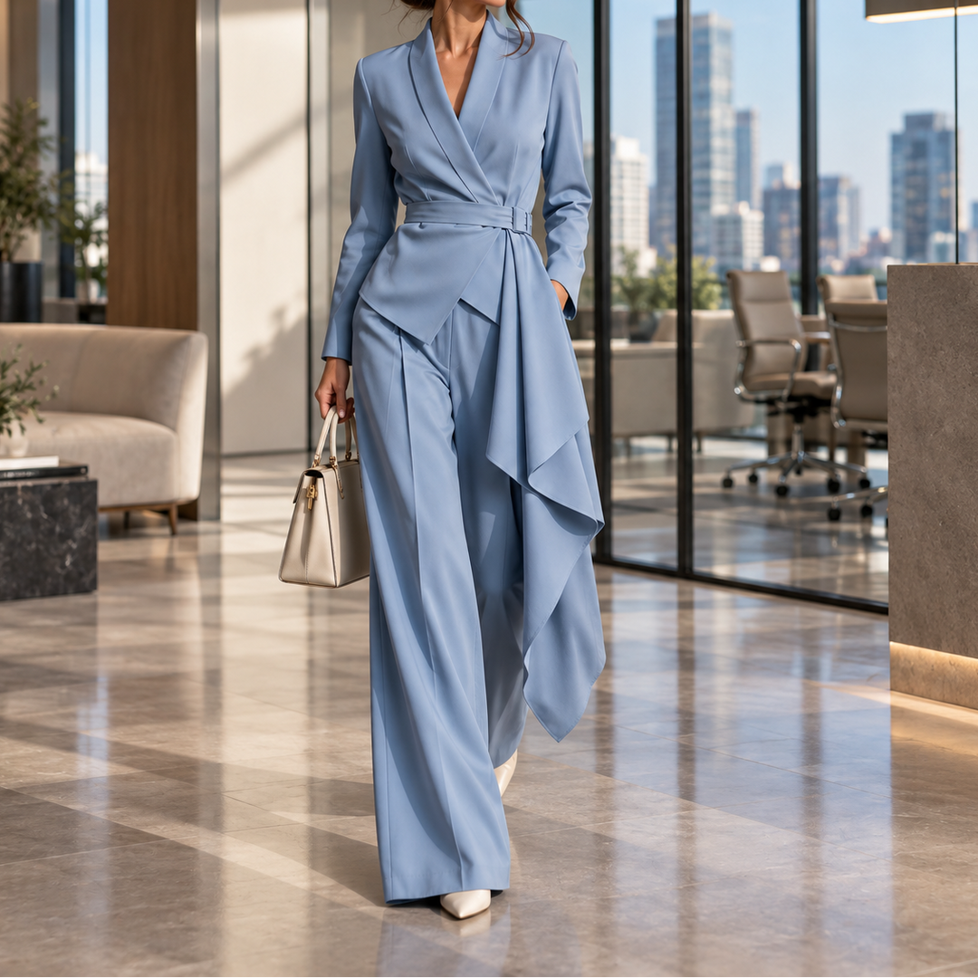 Drapevera – Buckle-Belted Wrap Blazer And Wide-Leg Trouser Set
