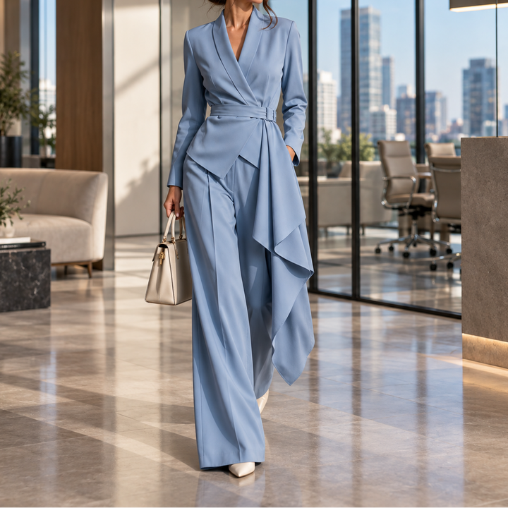 Drapevera – Buckle-Belted Wrap Blazer And Wide-Leg Trouser Set