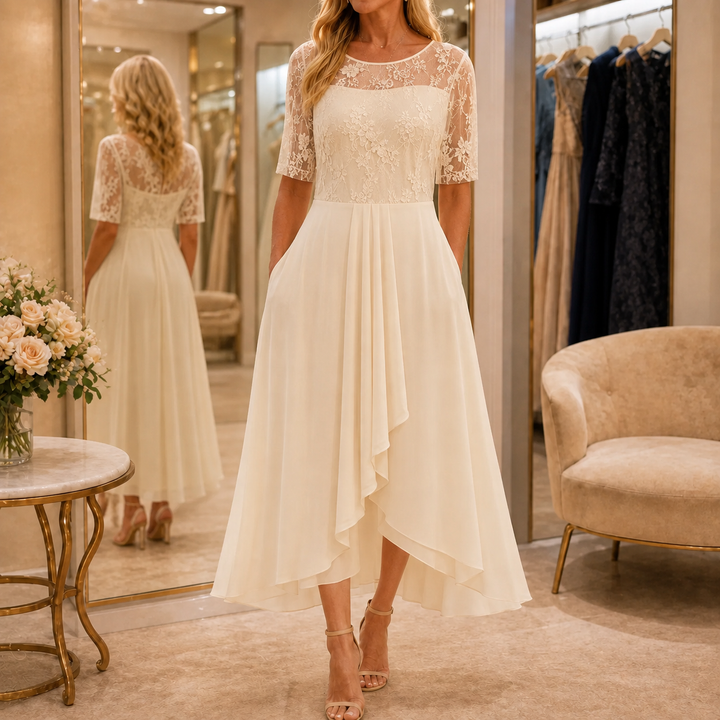 Elarose – Embroidered Lace Bodice Midi Dress for Weddings