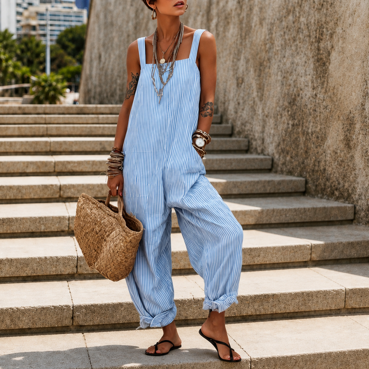 Wearbella – Striped Adjustable Strap High-Waist Jumpsuit