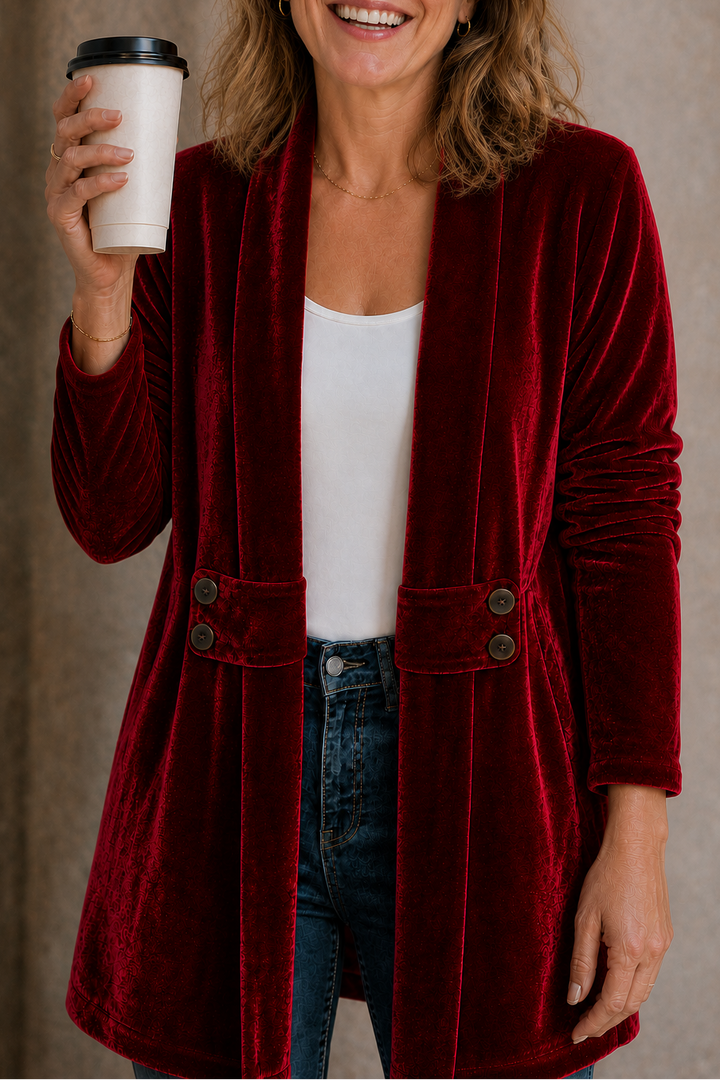 Velbourne – Double-Breasted Velvet-Look Cardigan