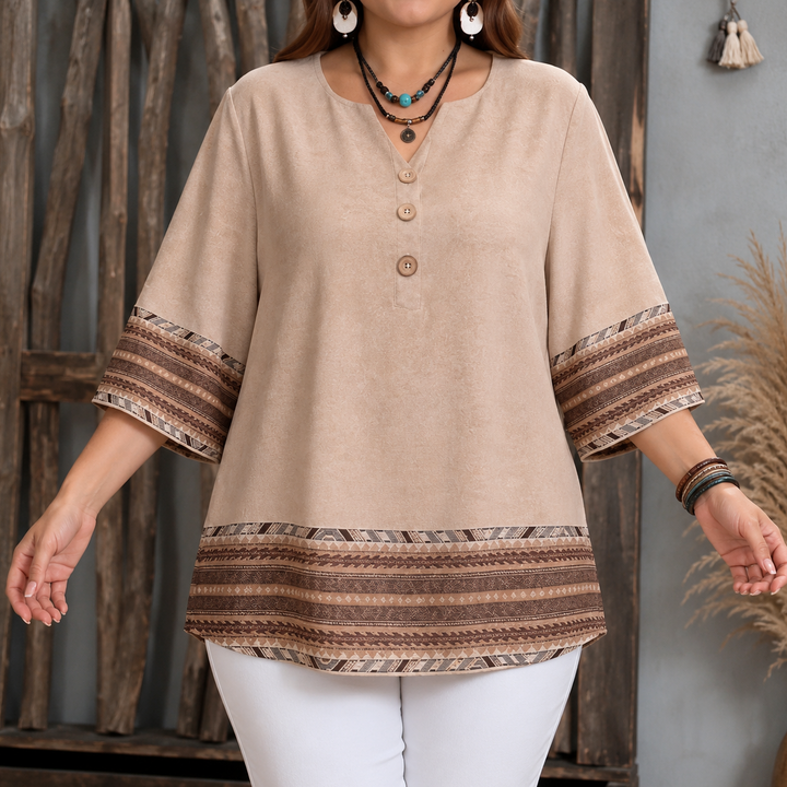 Vivelyn – Contrast Trim Button-Front V-Neck Top