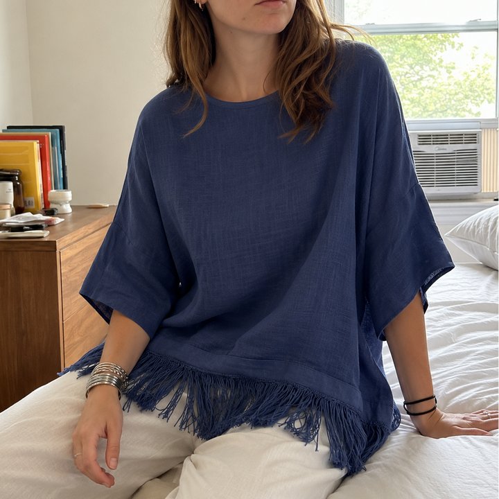 Wovelle – Fringed Hem Boxy Drop-Shoulder Blouse