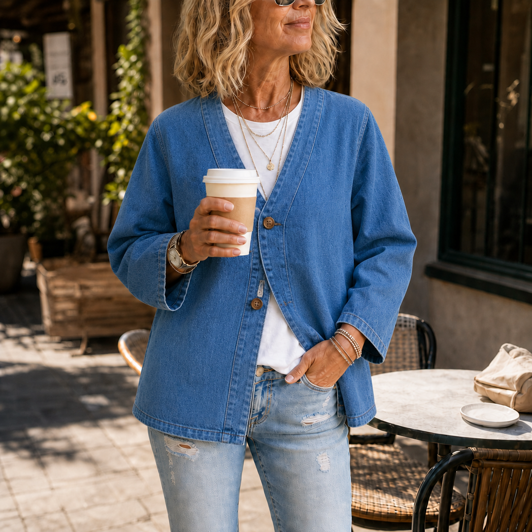 Drapella – Collarless Soft-Denim-Look Button-Down Cardigan
