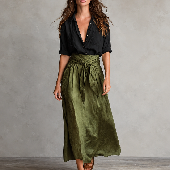 Olive & Onyx – Button Shirt And Tie-Waist Midi Skirt Set