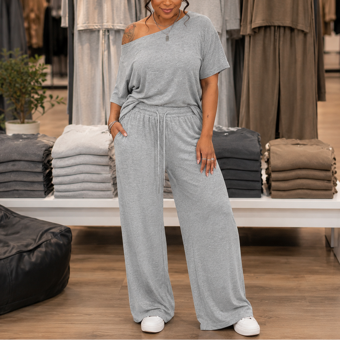 Draperline – Off-Shoulder Asymmetrical Top And Wide-Leg Pants Set
