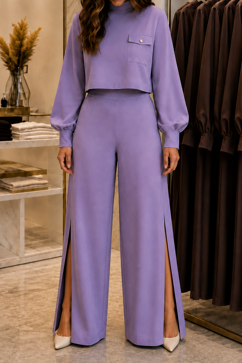 Wearbella – Bishop Sleeve Mock Neck Top And Wide-Leg Pants Set