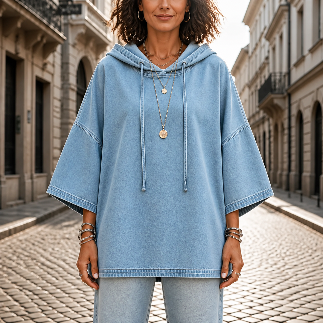 Wearlow – Oversized Washed Denim Look Hooded Poncho