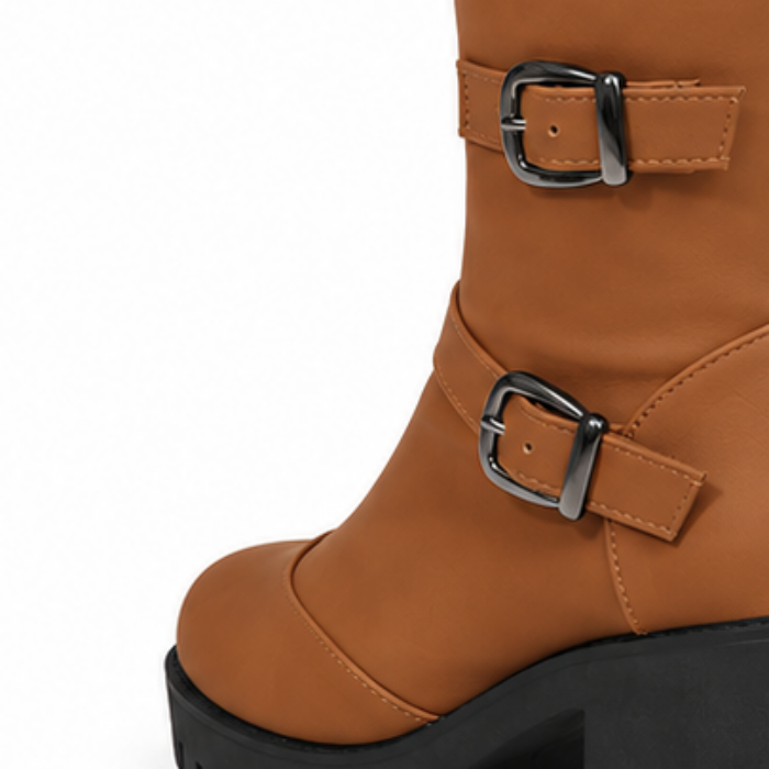 Buckle & Bloom – Double-Buckle Chunky-Heel Ankle Boots