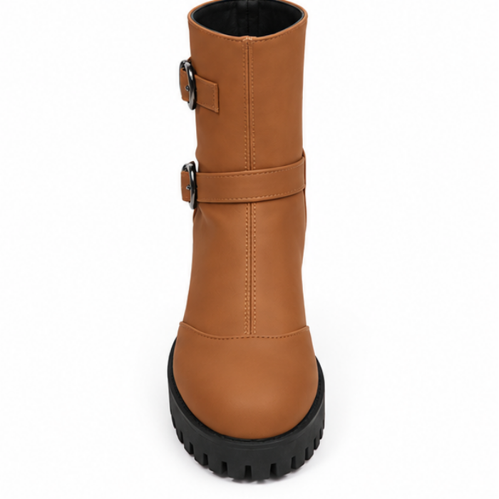 Buckle & Bloom – Double-Buckle Chunky-Heel Ankle Boots